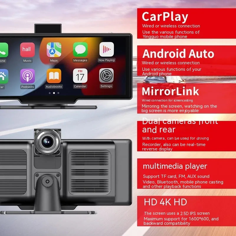 1026-inch wireless CarPlay car multimedia player with capacitive touch screen in black finish
