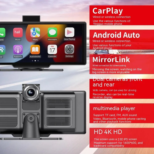 1026-inch wireless CarPlay car multimedia player with capacitive touch screen in black finish