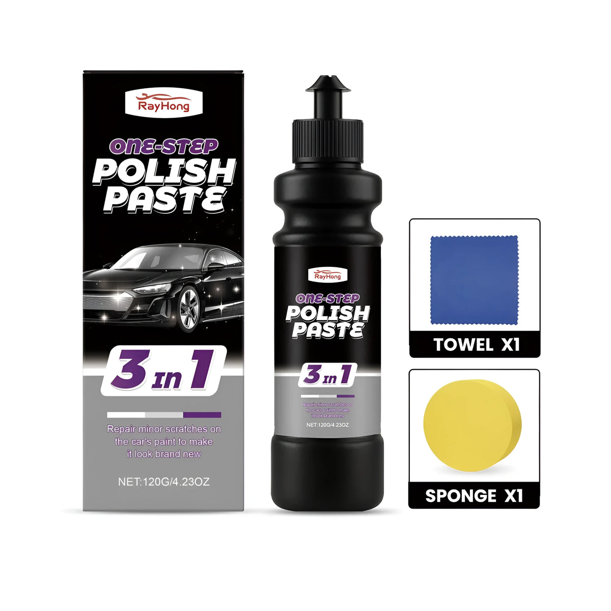 One-Step Polish Paste 120g tin with sponge and towel for car scratch removal