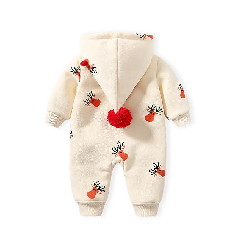 Khaki padded baby crawling suit one-piece with Christmas moose print, Korean style cotton romper