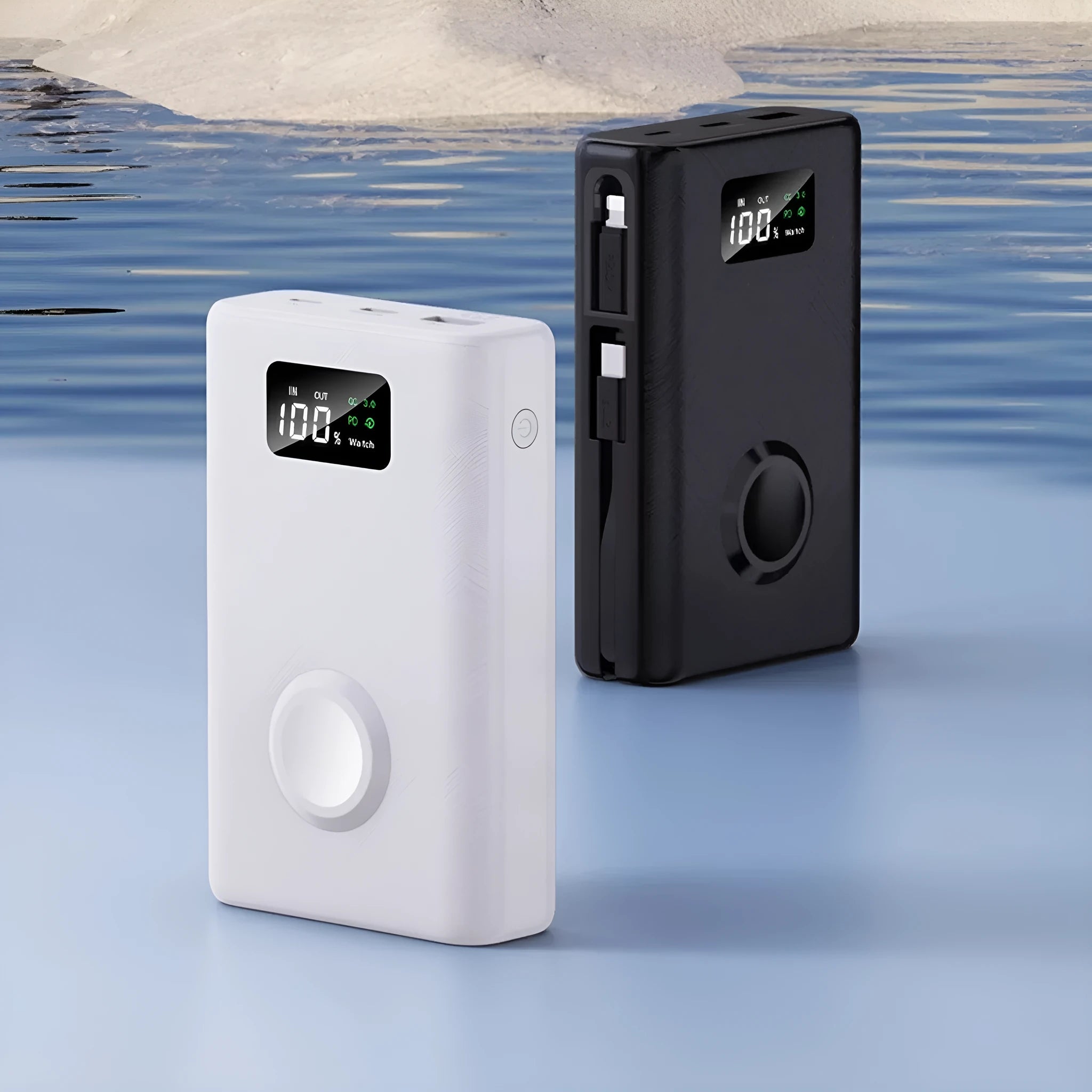 Black and white magnetic wireless power bank with digital display showing battery percentage