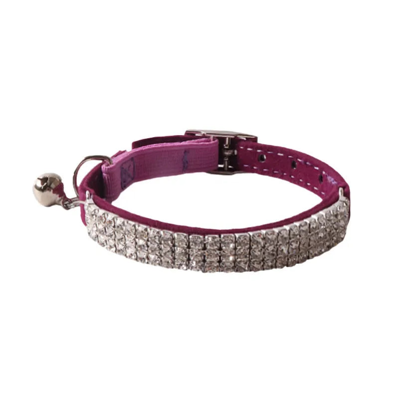 Colourful flocking cat collar with elastic buckle and gang drill pattern in pink, black, red, blue, purple, and dark brown.