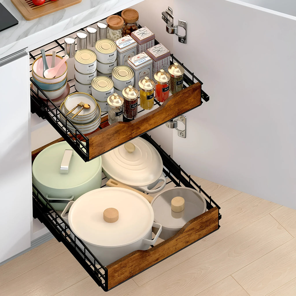 Black modern storage rack with pull-out baskets, made from wood and iron.