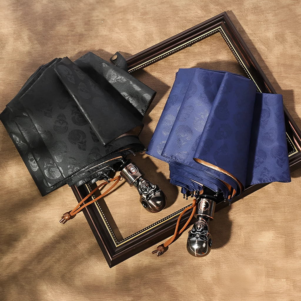 Three-fold automatic skull umbrella with black gold capsules colour, 100cm diameter, and steel handle
