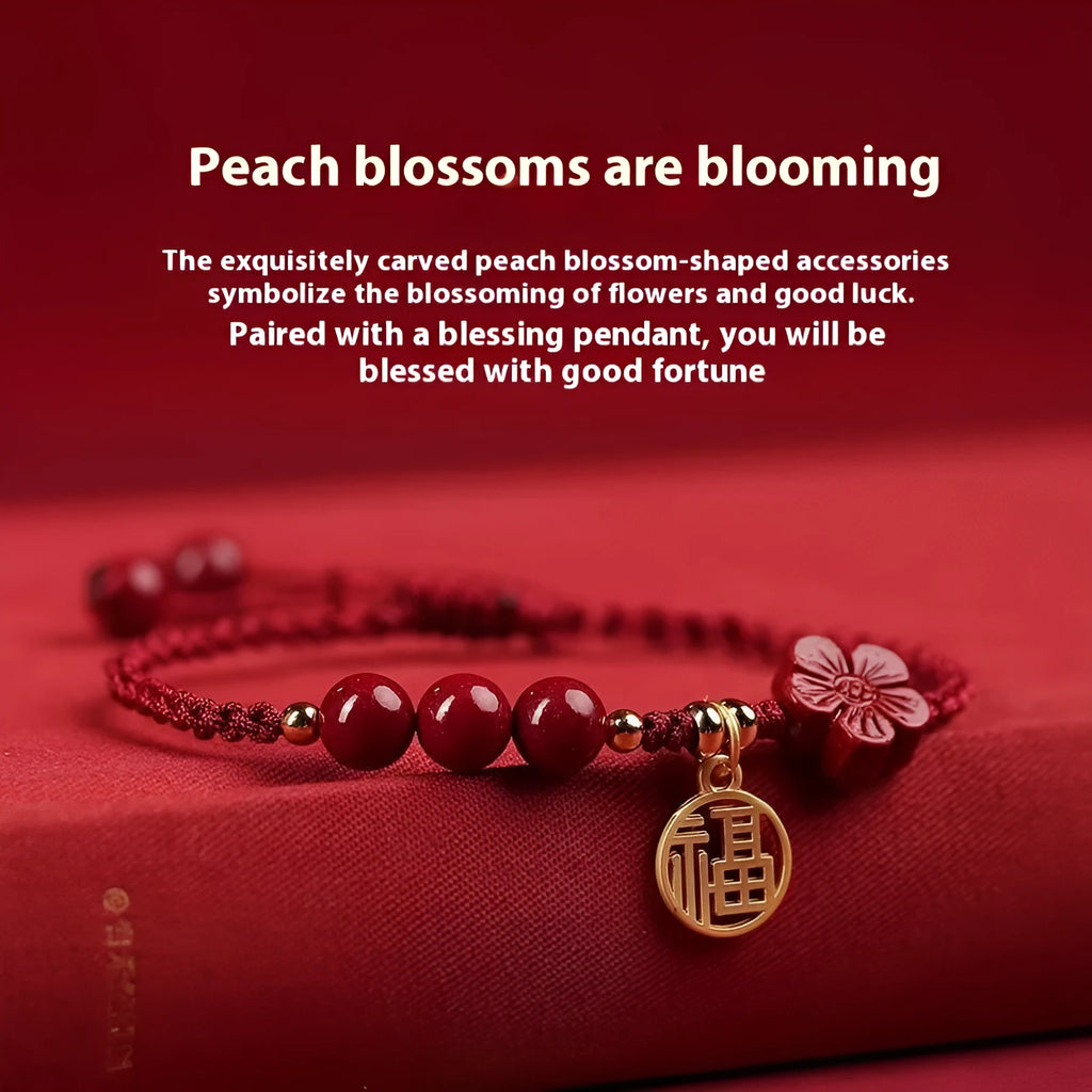 Cinnabar braided rope bracelet with blessing card, shown in black, red, or wine red with round bead or flower charm.