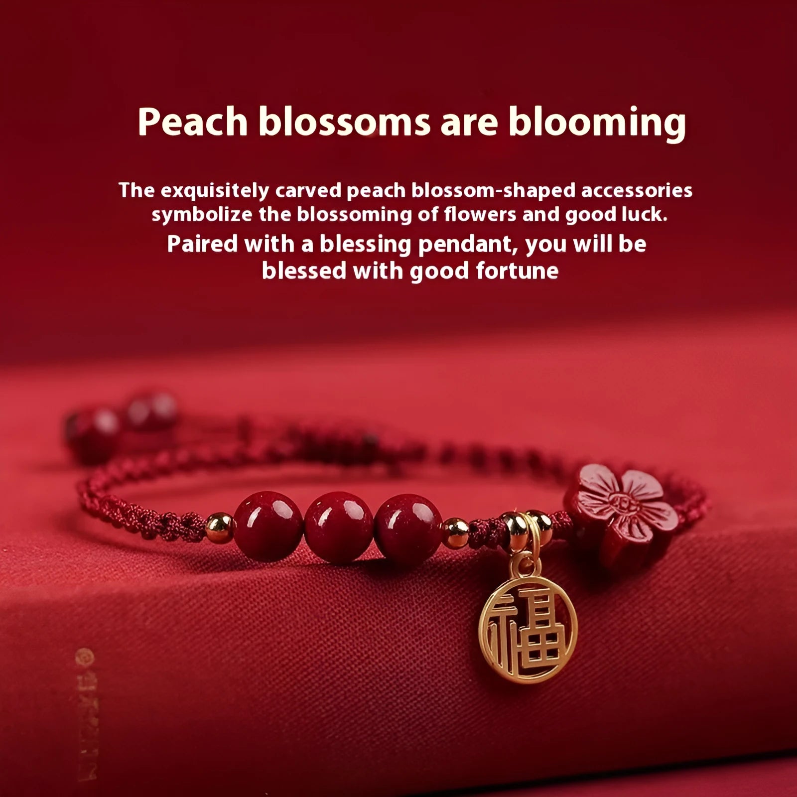 Cinnabar braided rope bracelet with blessing card, shown in black, red, or wine red with round bead or flower charm.