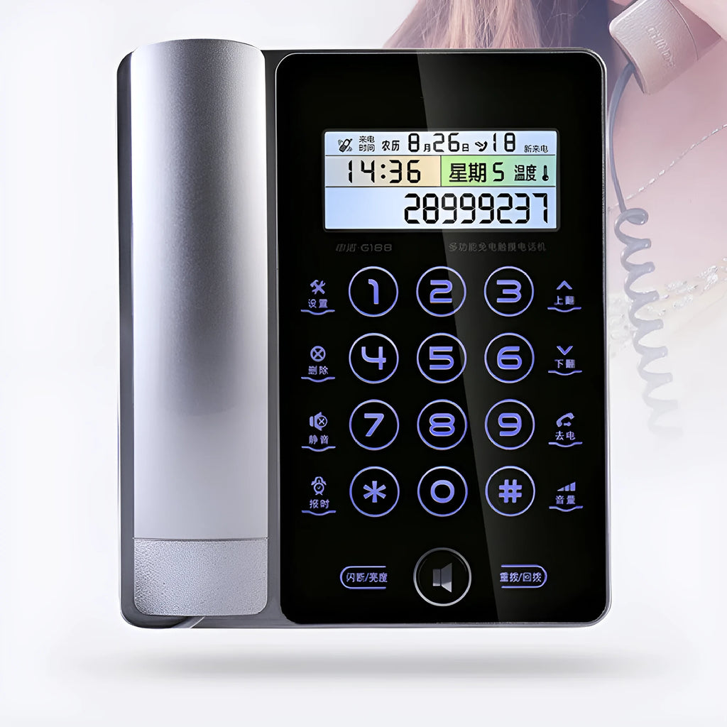 Gold G188 landline telephone with LCD touch screen display showing caller information and lunar calendar