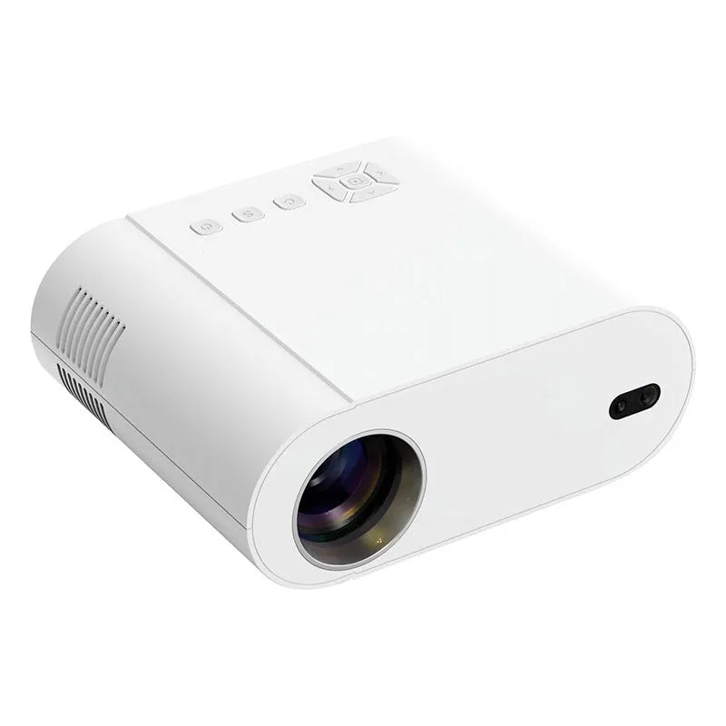 White T07 Full HD smart projector with remote control on a wooden surface.
