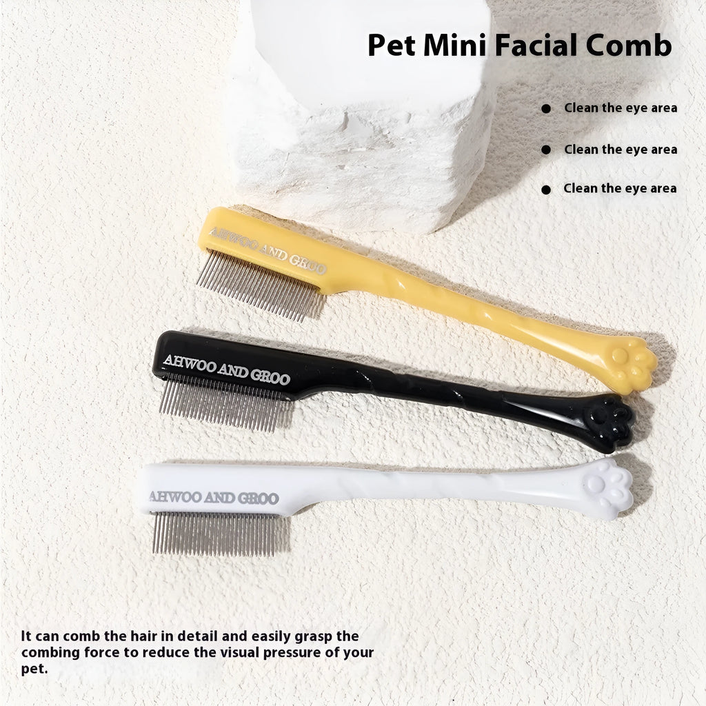 Dog tear stain comb and scissors set in ABS plastic, shown in black, yellow, white, and green colour options