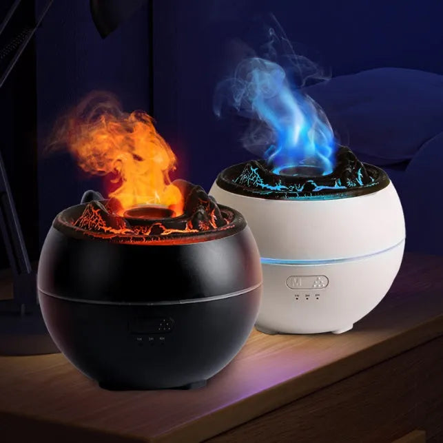White round flame aroma diffuser humidifier with water tank and timer controls on a desk.