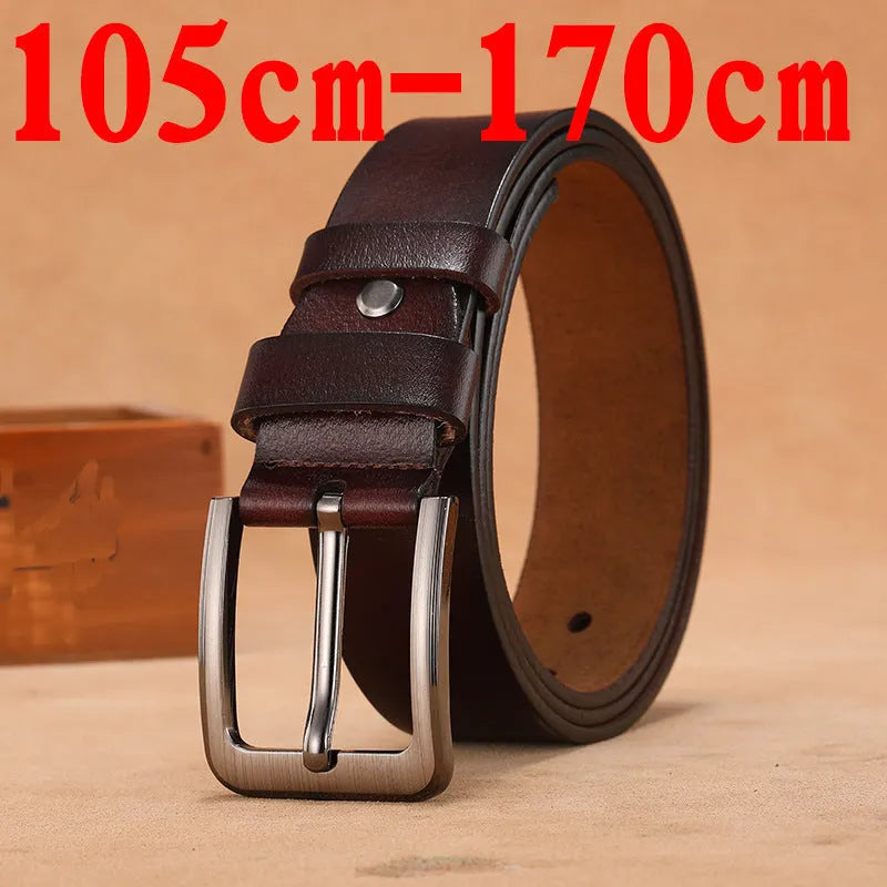 Square head pin buckle casual leather belt in black or brown, shown with length size options.