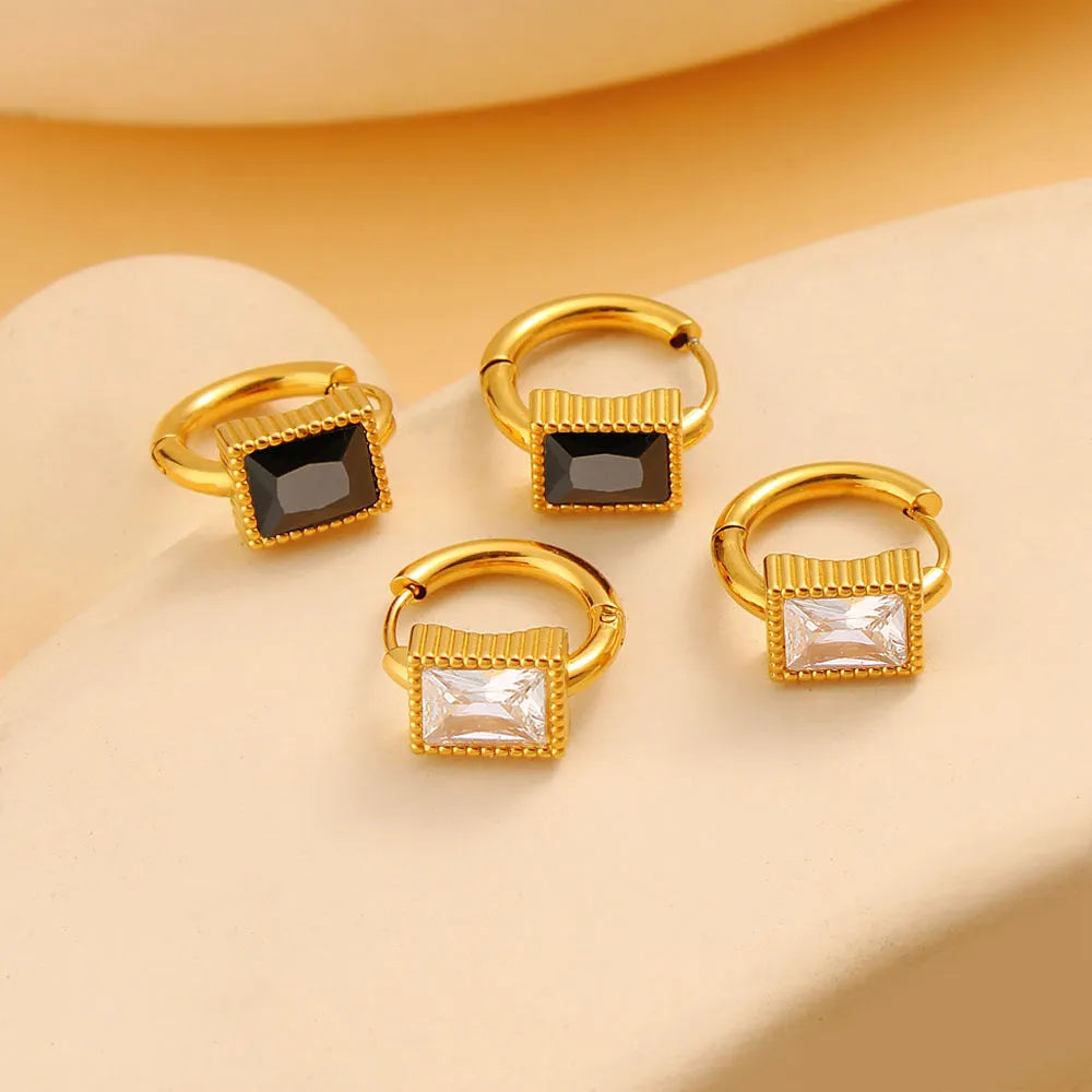 Stainless steel square zircon earrings in black, green, or white with geometric design