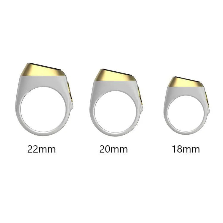 Zikr1 metal smart ring with OLED screen on a finger, showing tasbih count.