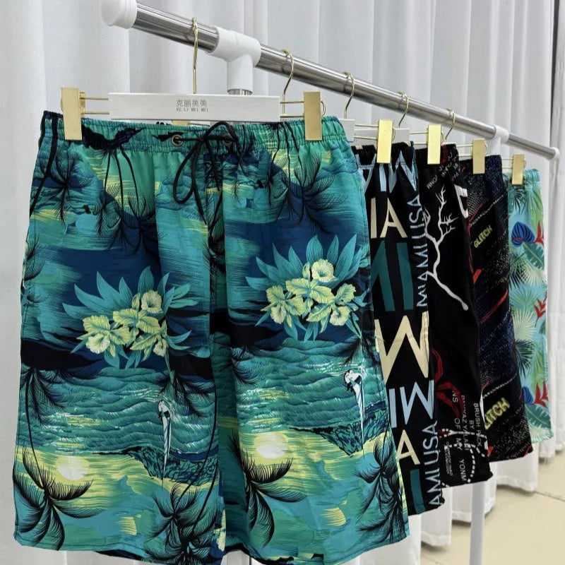 Men's striped floral printed ice silk beach trousers loose casual cut