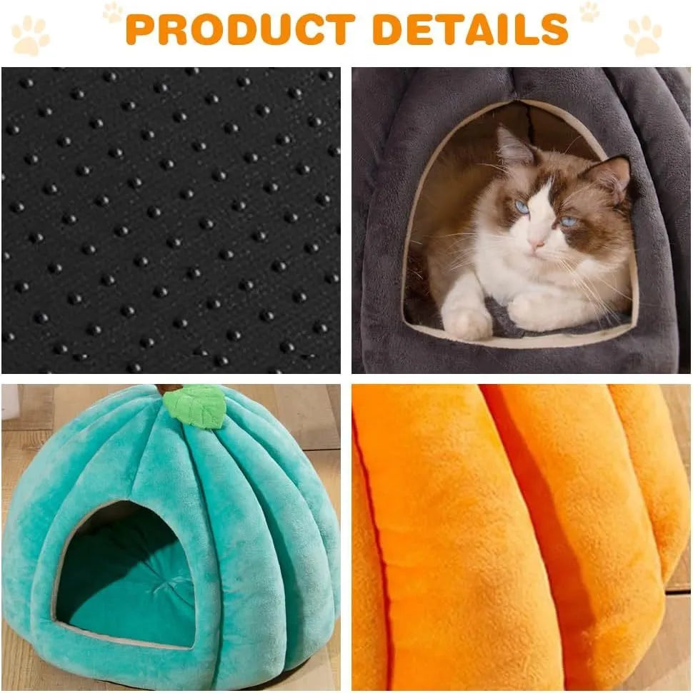 Grey pumpkin-shaped cat cave bed with plush fabric, shown with a small cat inside.