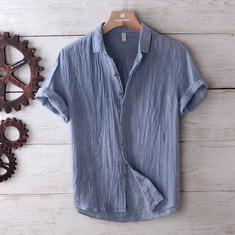 Men's solid colour retro distressed linen shirt in white, front view, summer casual button-down