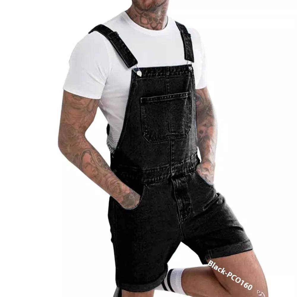 Black denim suspender shorts with mid waist and straight cut design for teenage summer wear