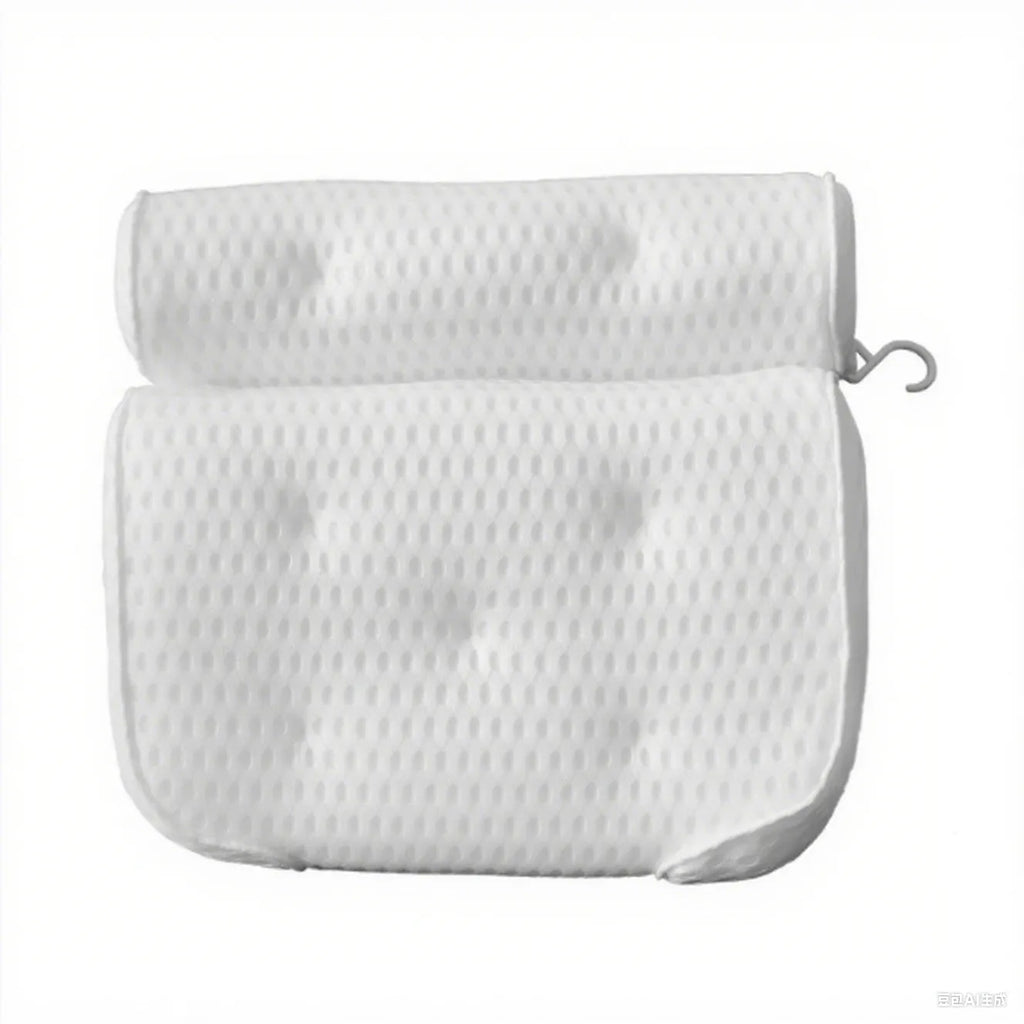 White bath pillow with suction cups on 3D mesh material for bathtub use