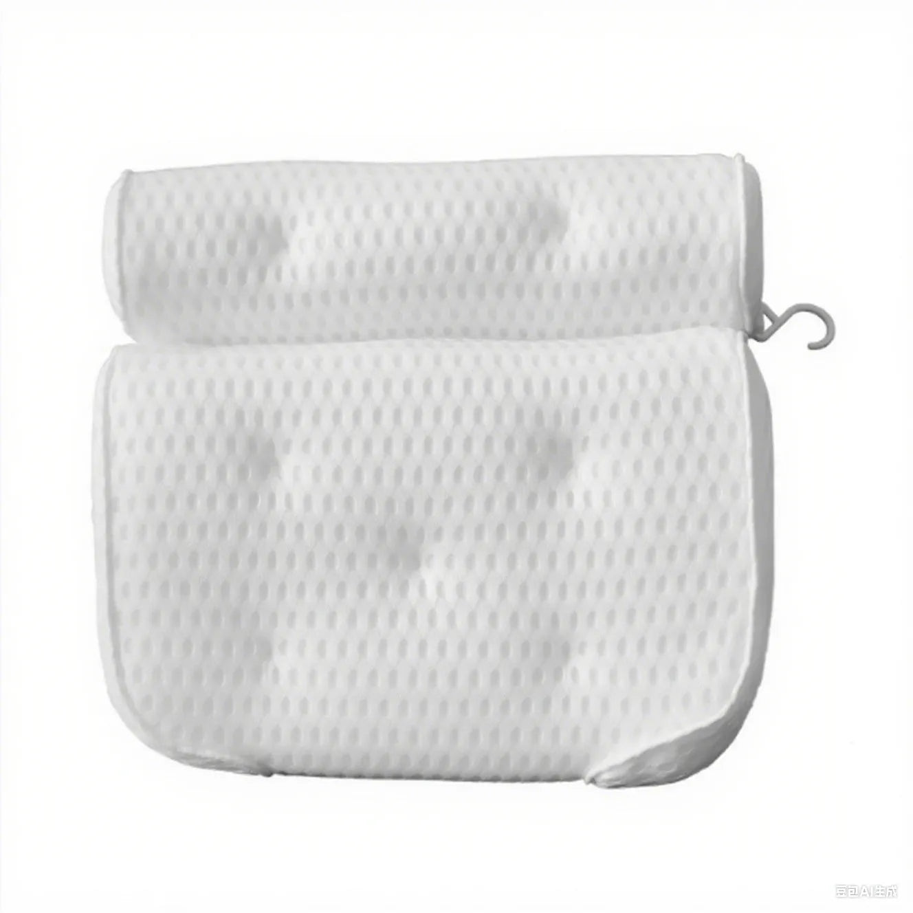 White bath pillow with suction cups on 3D mesh material for bathtub use