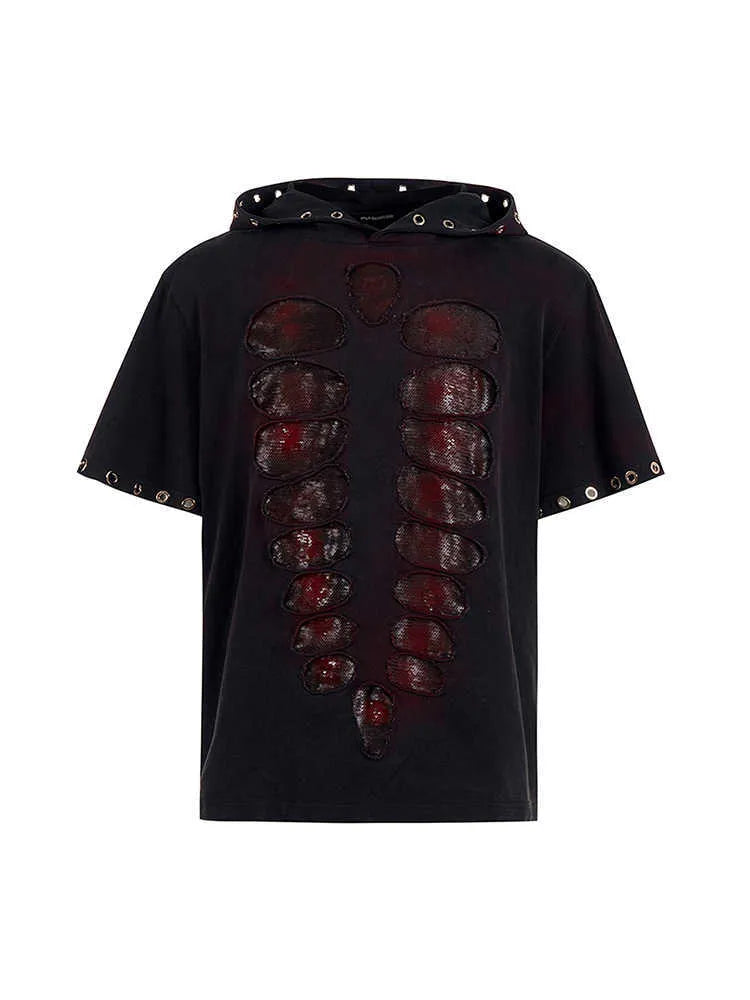 Black men's hooded short-sleeved T-shirt covered in sequins with a loose fit.