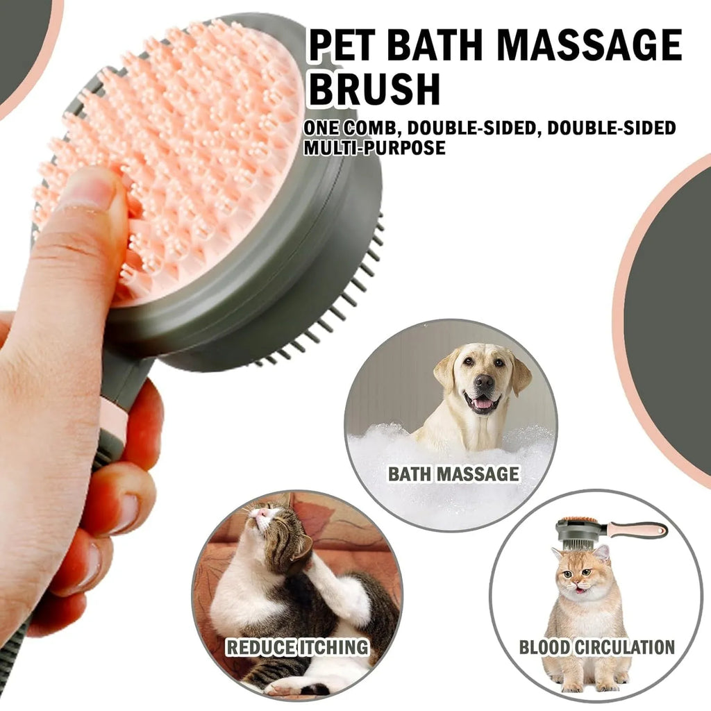Pink and green double-sided cat grooming brush with release button and separate flea comb