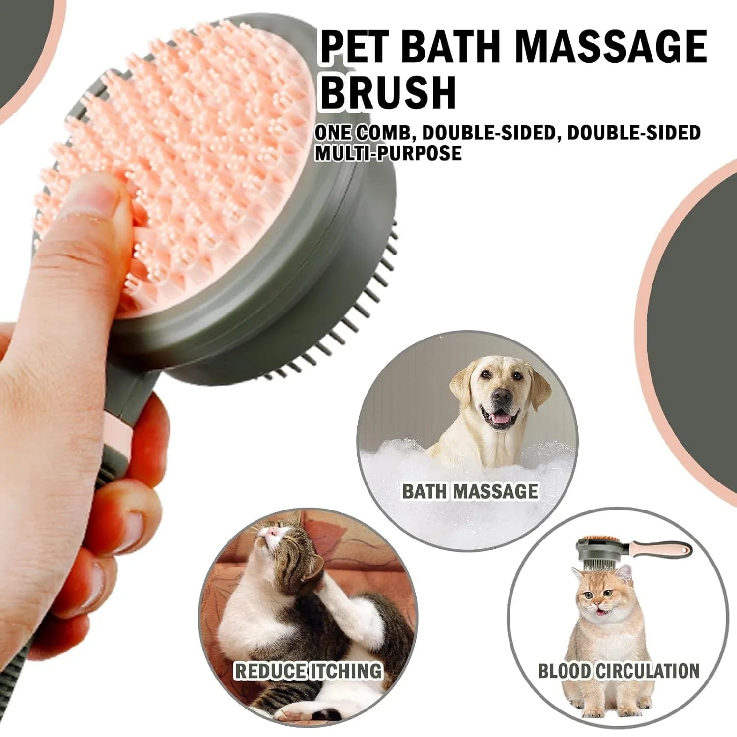 Pink and green double-sided cat grooming brush with release button and separate flea comb