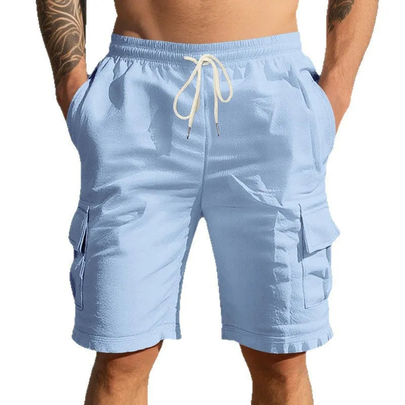 Men's cotton linen casual shorts with multiple pockets in loose fit straight leg design