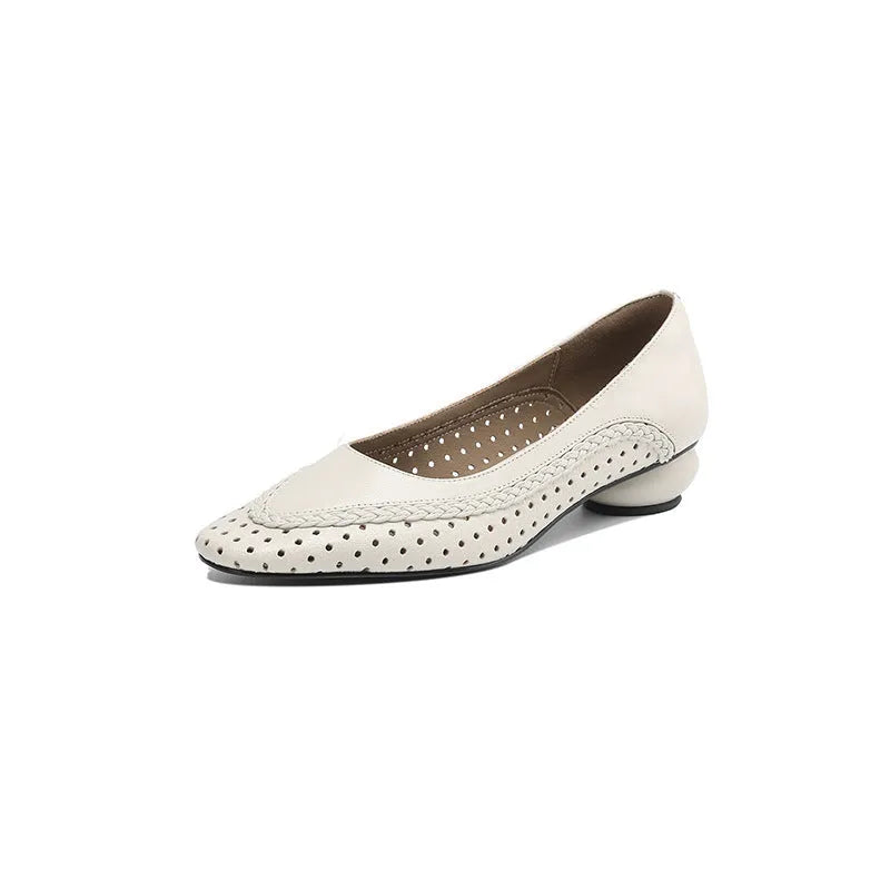 Women's shallow mouth hollow-out round toe mid heel sandals in sheepskin with beef tendon sole