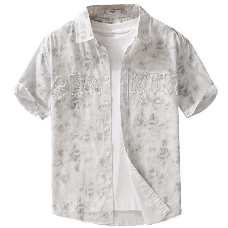 Mens grey white hanging dyed print short sleeve cotton cardigan on hanger