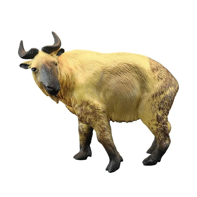 Plastic simulation animal toy model of a takin, 10.5cm tall, in natural colour finish, on a white background