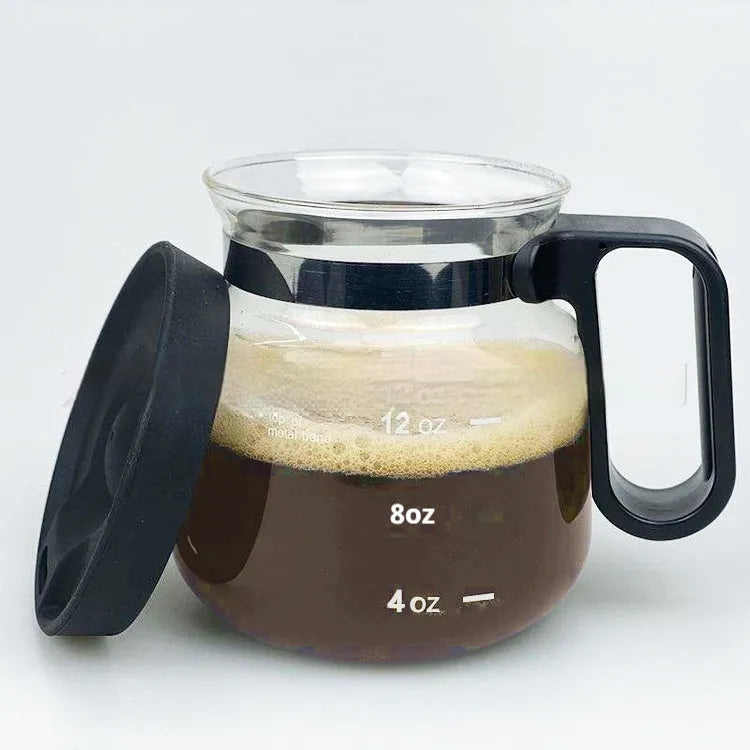 Transparent glass coffee maker with silicone cover showing pour-over design for 355ml to 473ml capacity