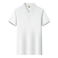 Men's ice silk short sleeve lapel business shirt in multiple colours on a hanger.