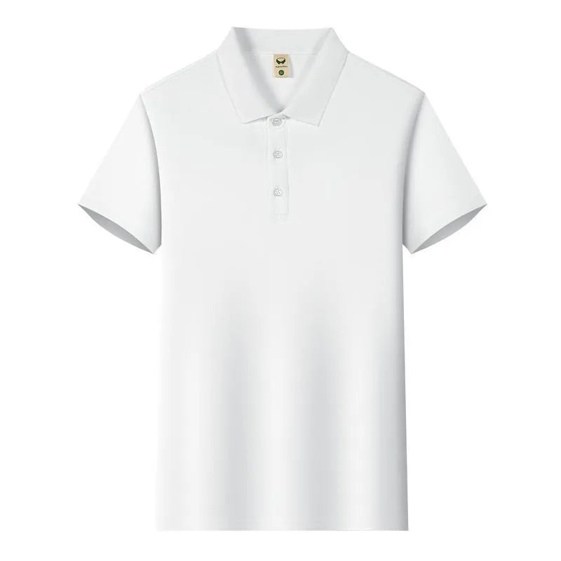 Men's ice silk short sleeve lapel business shirt in multiple colours on a hanger.