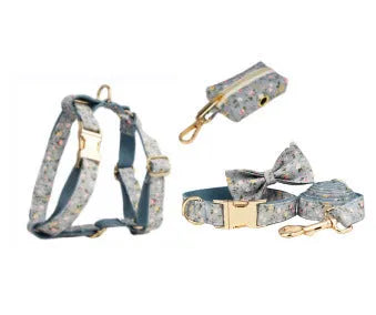 Blue floral pattern dog collar set with matching leash, vest, bow and accessories for small dogs