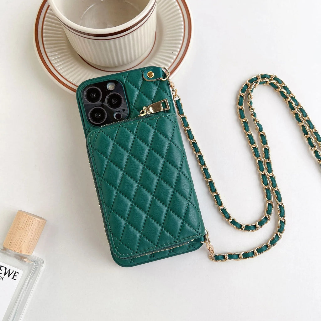 Lambskin phone case with card holder and chain strap in classic rhombic design, black colour