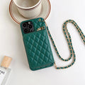 Lambskin phone case with card holder and chain strap in classic rhombic design, black colour