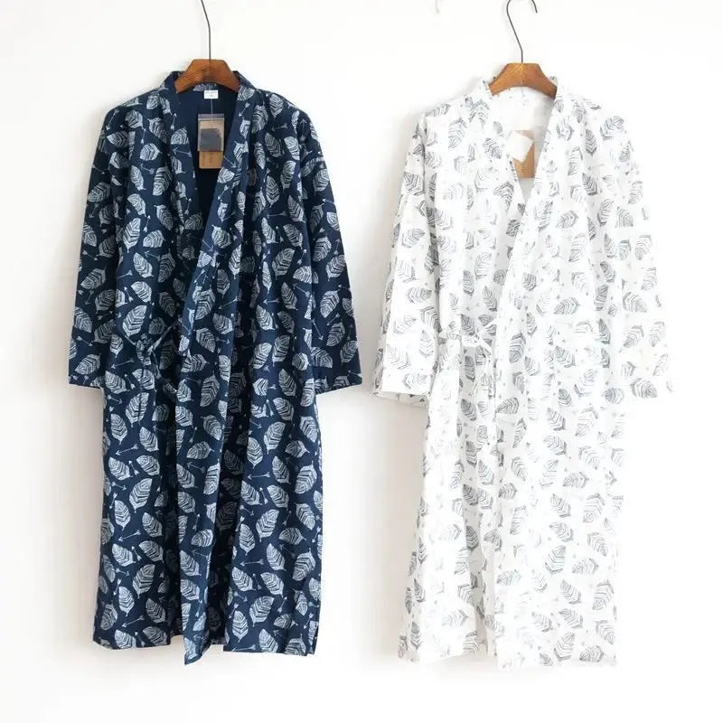 Men's cotton nightgown with leaf pattern in navy blue, home wear long sleeve