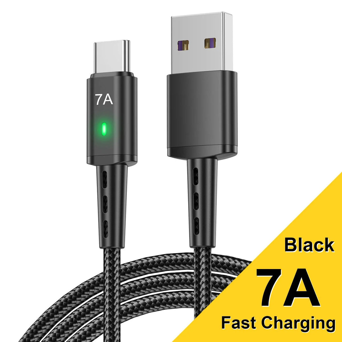 7A Android braided Type-C charging cable with indicator light in black, 1 metre length