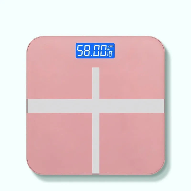 USB rechargeable electronic body scale with cross design in black, white, and rose red colour options