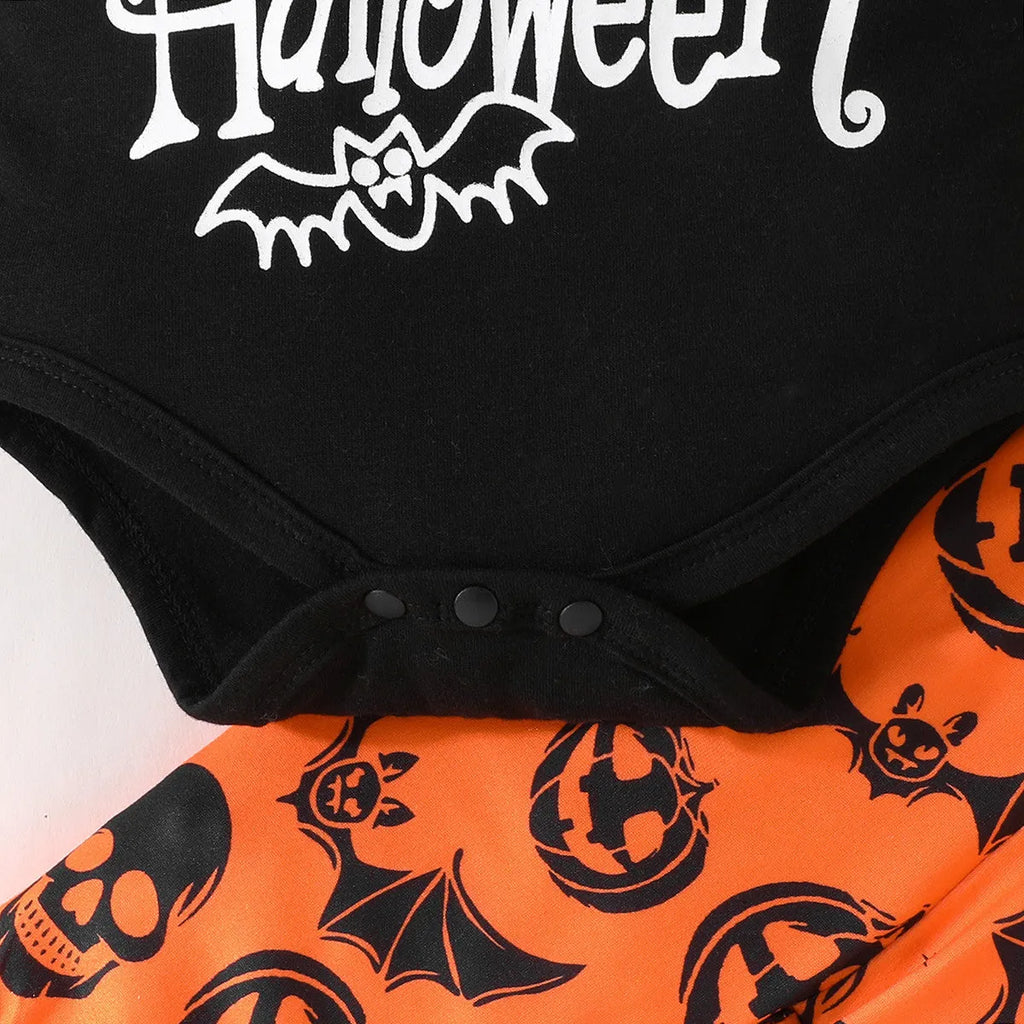 Baby Halloween letter print long-sleeve jumpsuit set with pumpkin trousers and removable hood hat on light background