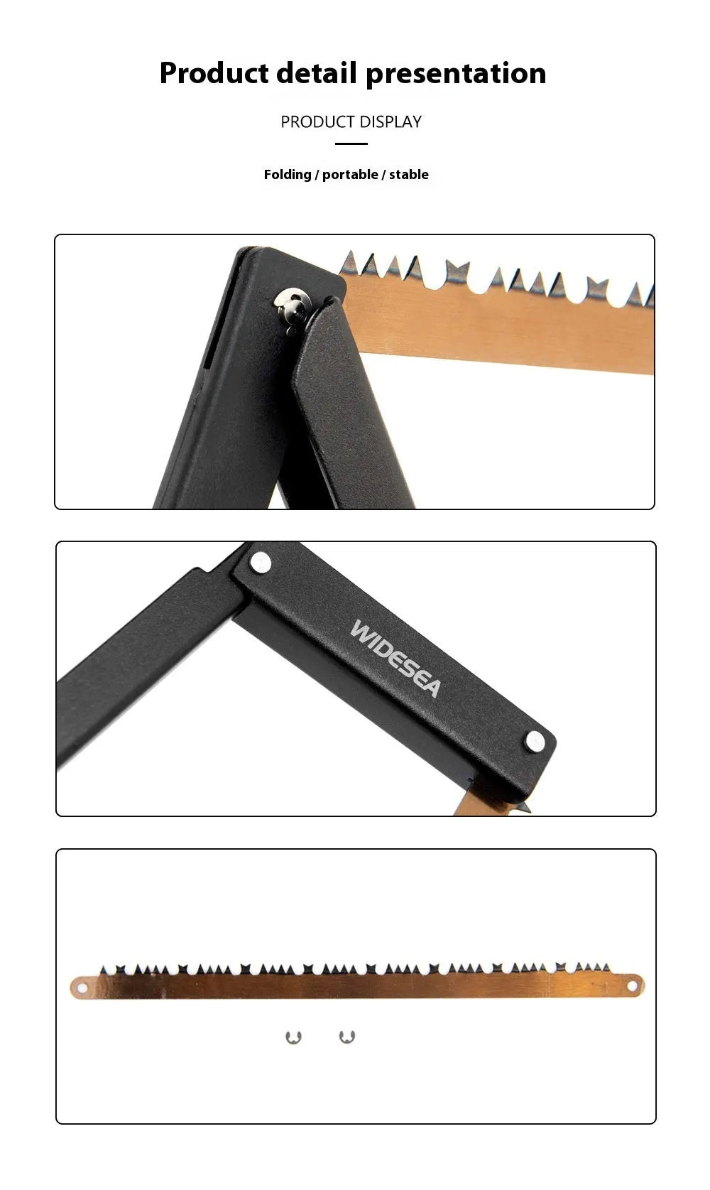 Black outdoor foldable survival saw with aluminium handle shown in open and closed positions.
