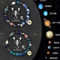 Set of two natural stone beaded bracelets showing zodiac symbols on a table.