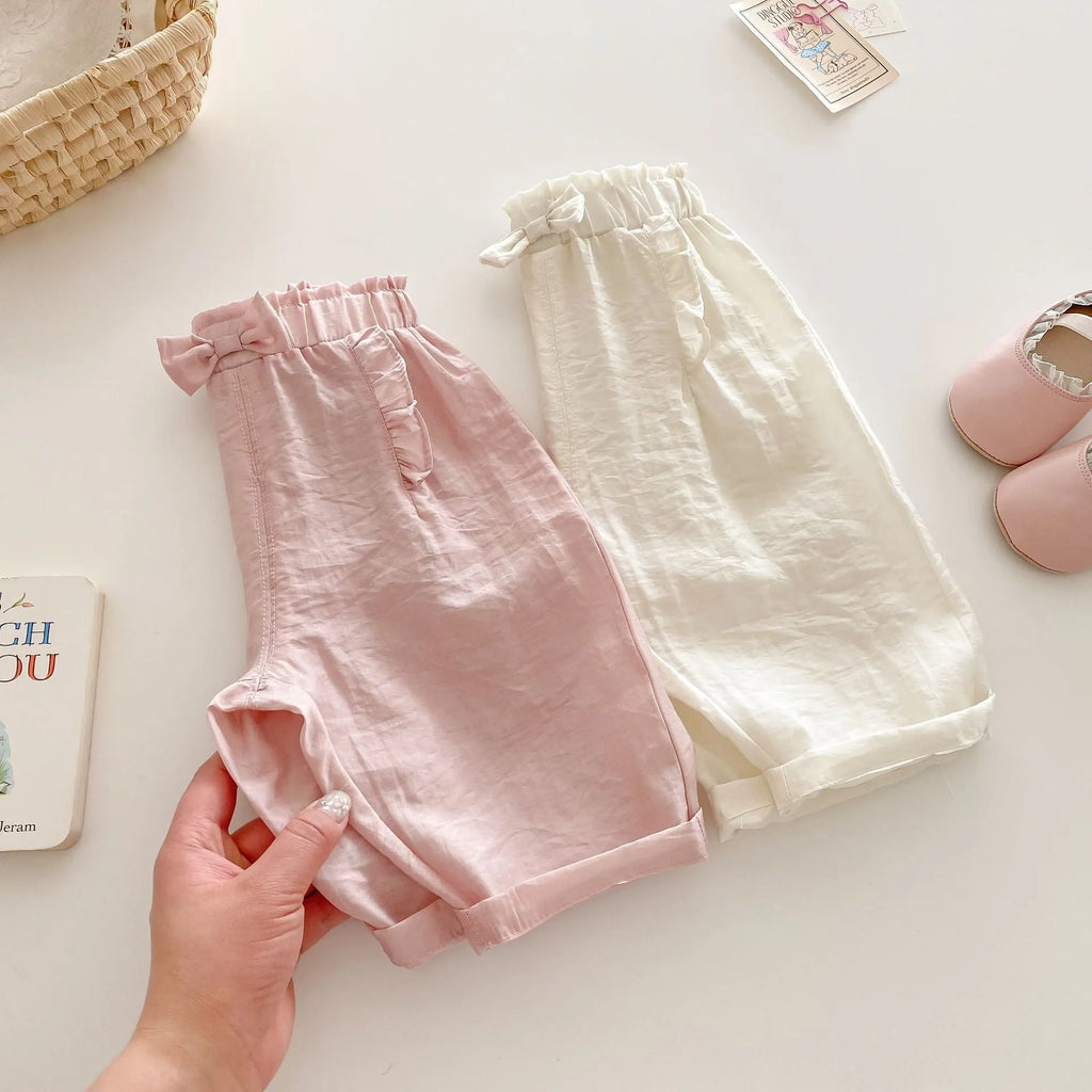 Girls' bow anti mosquito cotton trousers in cream beige, mid-waist casual style for height 100 cm