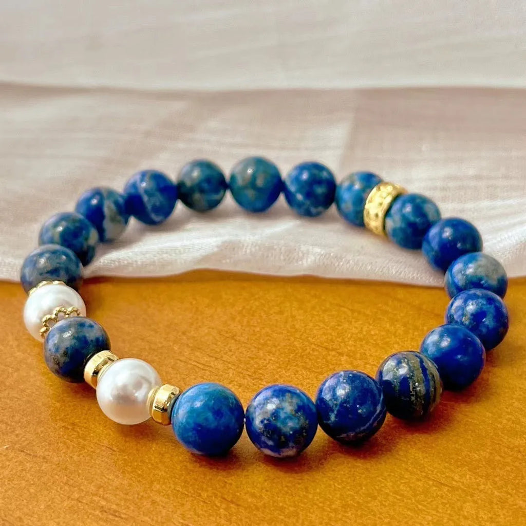 Chinese style lapis lazuli bracelet with green gold stone beads and adjustable clasp