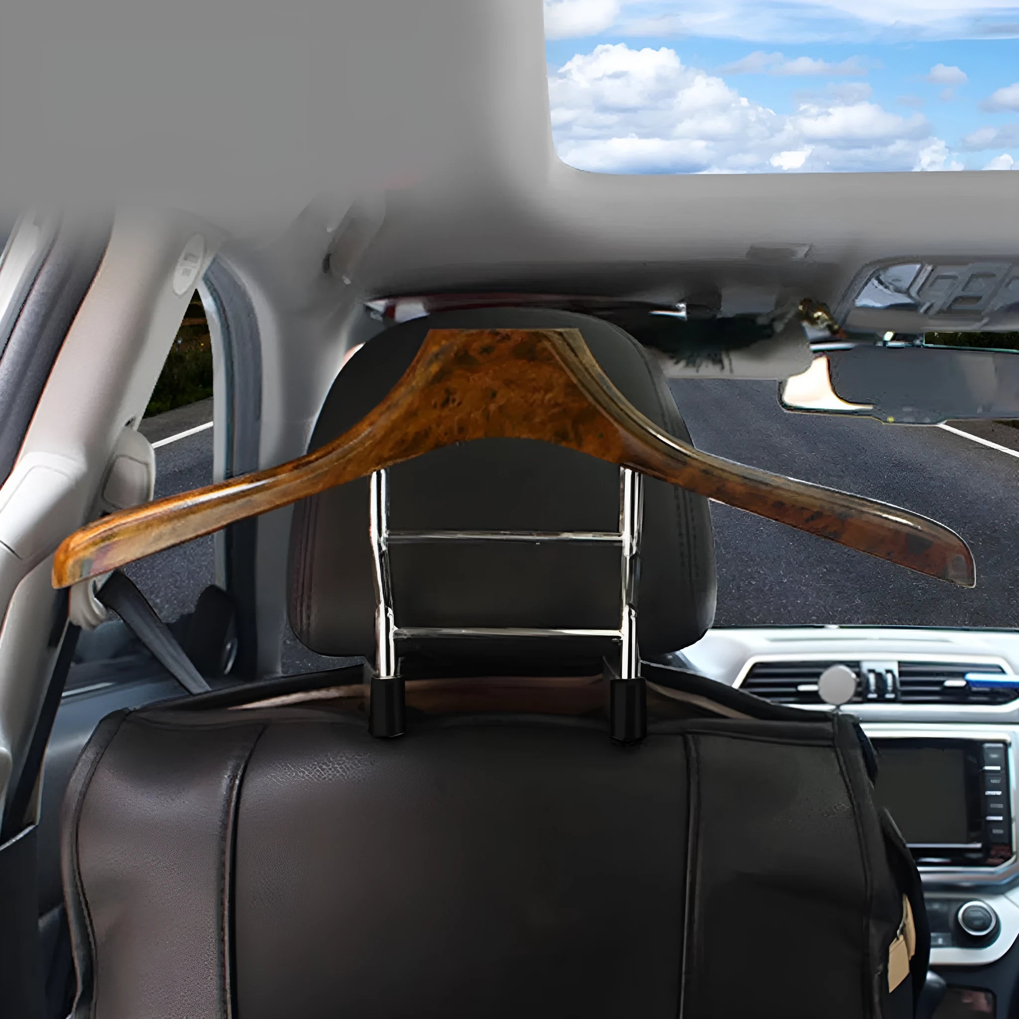 Wood yellow stainless steel car mounted clothes hanger with detachable hook for suits and shirts.