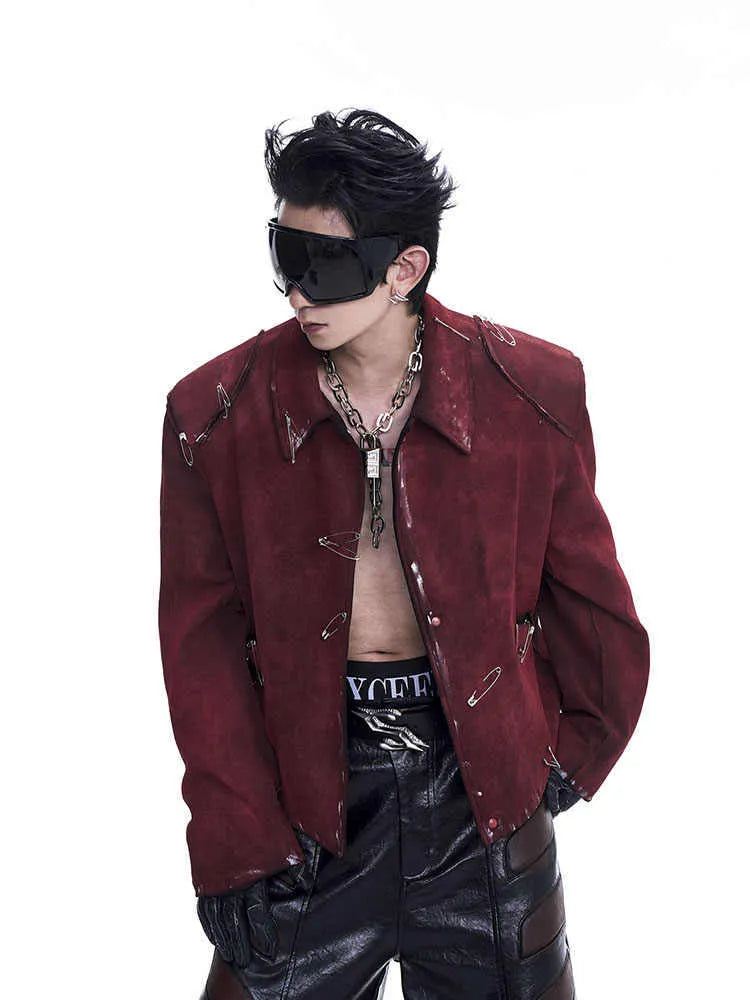 Red men's thick quilted decorative jacket with lapel collar shown in a loose fit style.