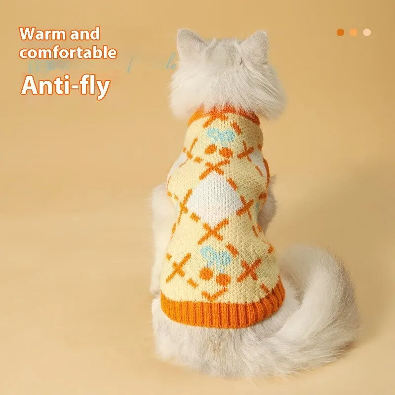Orange cherry pattern cat sweater for windproof warmth in autumn and winter, sizes S to XL
