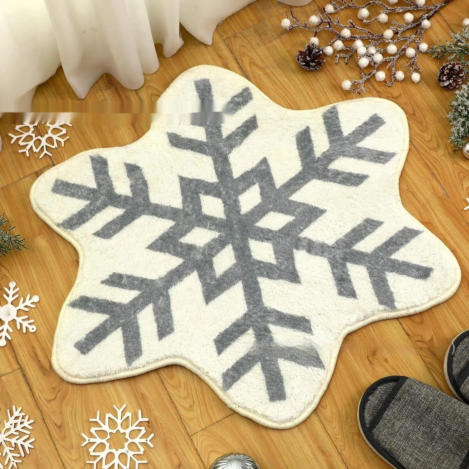 Christmas-themed round polyester carpet with festive printed design, shown in two size options.
