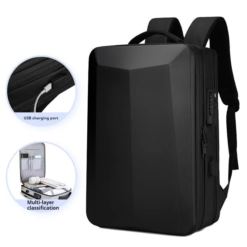 Men's black waterproof business backpack with curved shoulder straps and a splicing design detail.