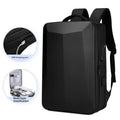 Men's black waterproof business backpack with curved shoulder straps and a splicing design detail.